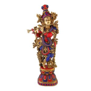 Krishna Sculpture Turquoise Coral Stone work 30 Inch Height