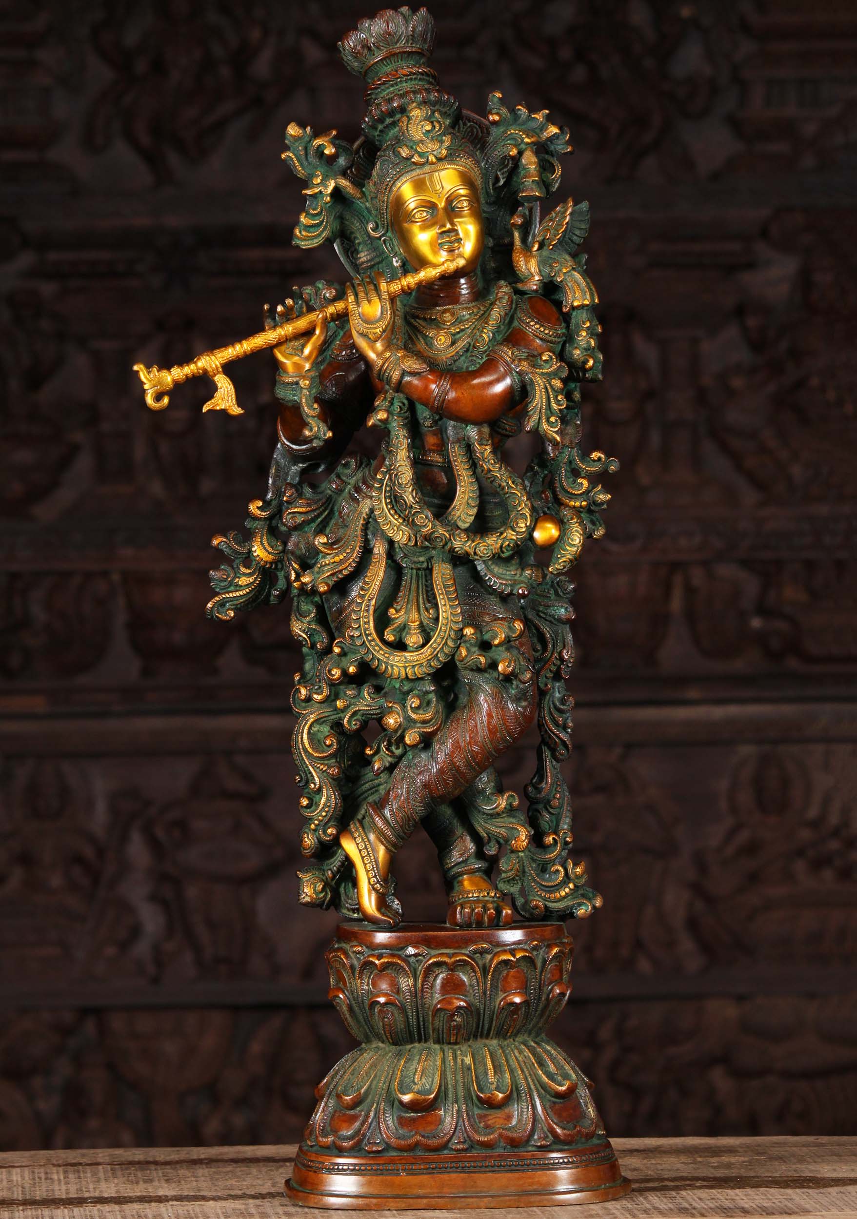 Brass Gopal Krishna Statue with Peacock 30 inch 30 x 8 x 6 inch 15 kg