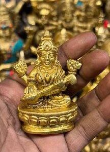 Brass Saraswati Seated Fine Carving, Fine golden finish 2.5 Inch