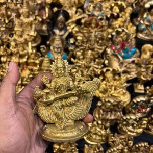 Brass Saraswati on a Swan, Golden Finish 5 inch